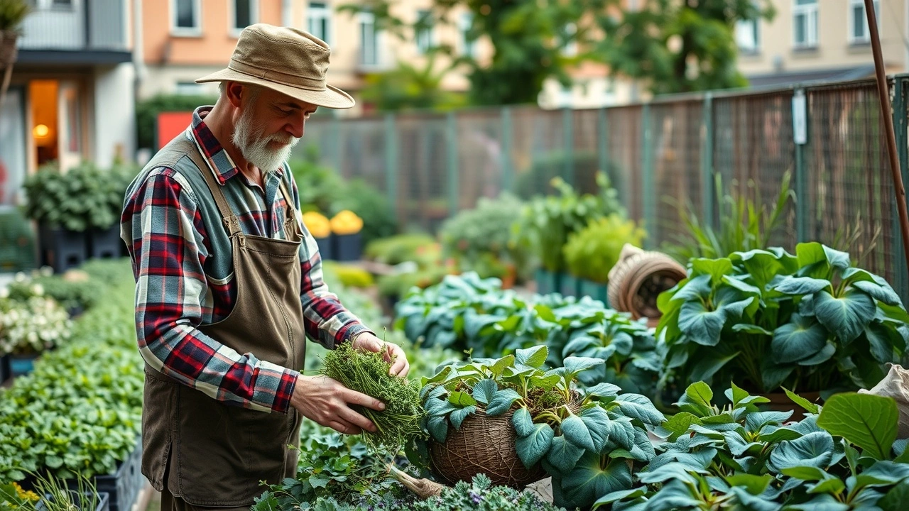 un agriculteur strasbourgeois travaillant dans un jardin urbain