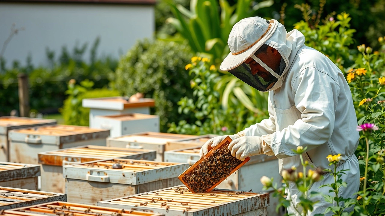 apiculteur strasbourgeois dans son jardin avec des ruches