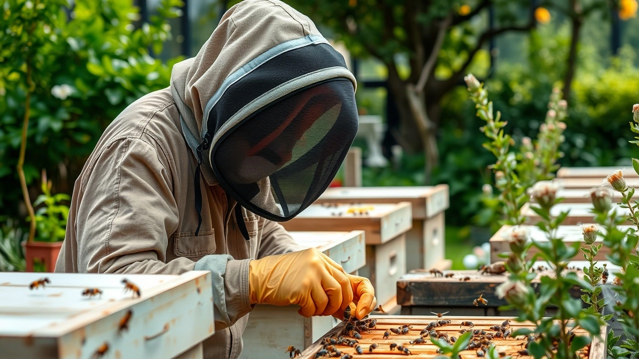 apiculteur strasbourgeois devant ses ruches dans un jardin
