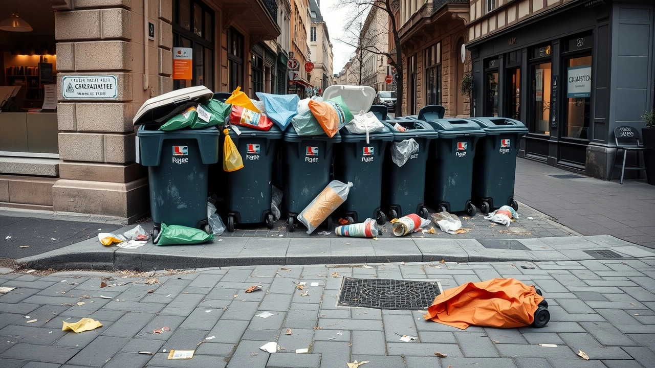 déchets et poubelles débordantes dans une rue de Strasbourg