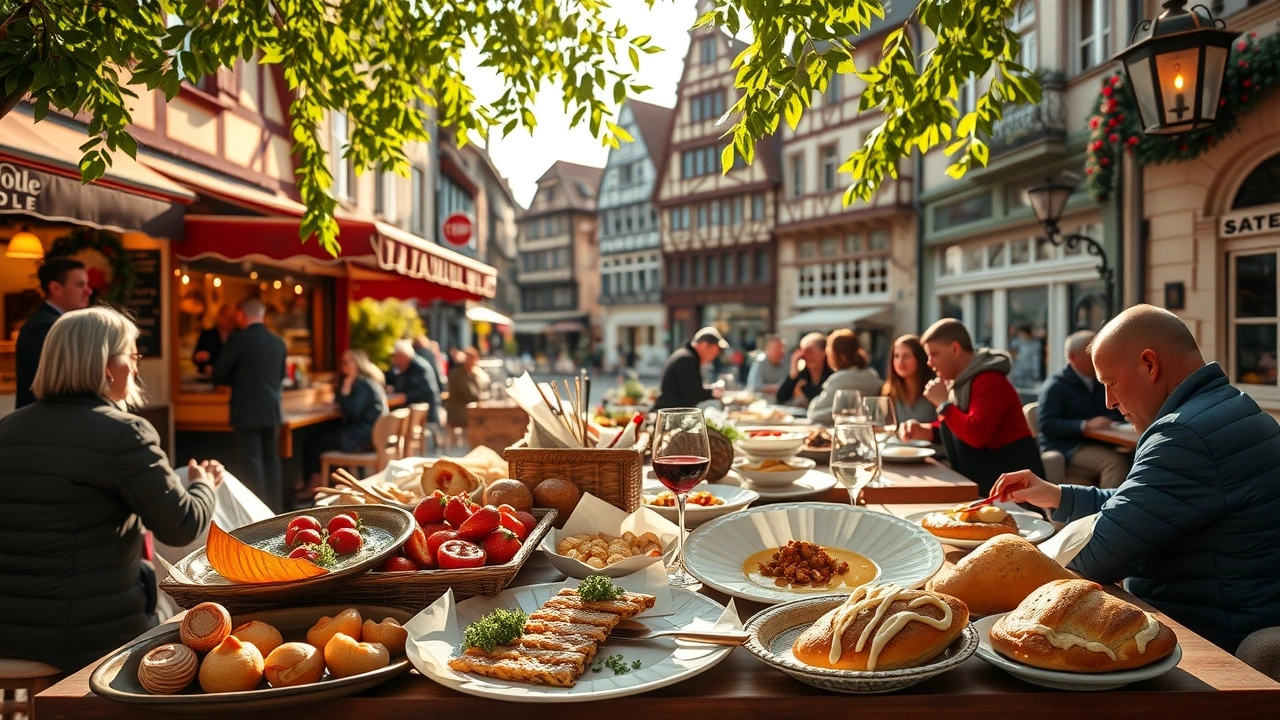 Une scène gastronomique animée à Strasbourg avec des plats emblématiques.