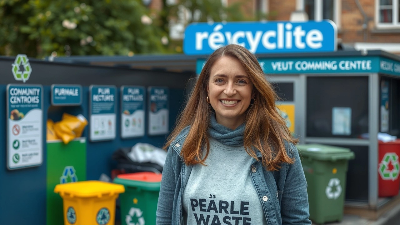 Léonie devant un centre de recyclage à Strasbourg