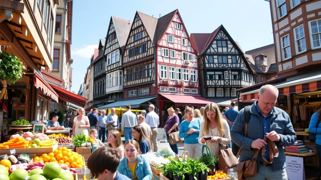 Une scène de marché animée à Strasbourg montrant des personnes faisant des courses rapidement.