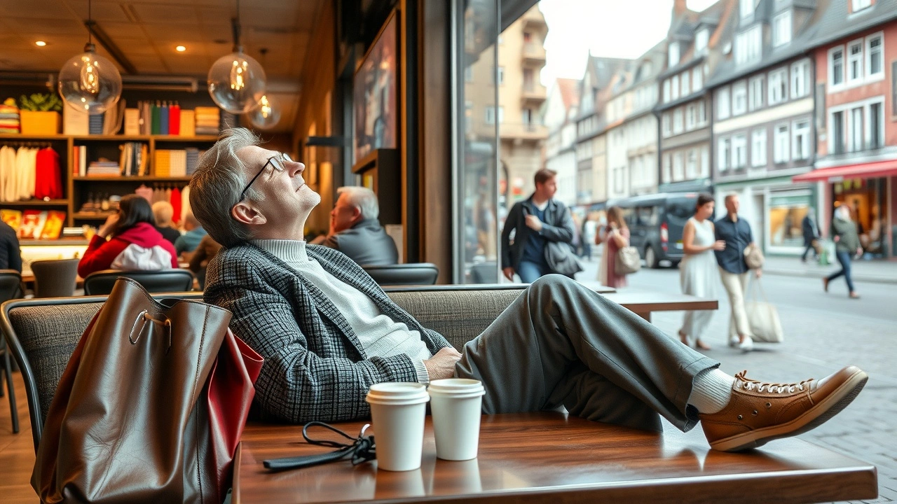 person se détendant dans un café avec des sacs de courses