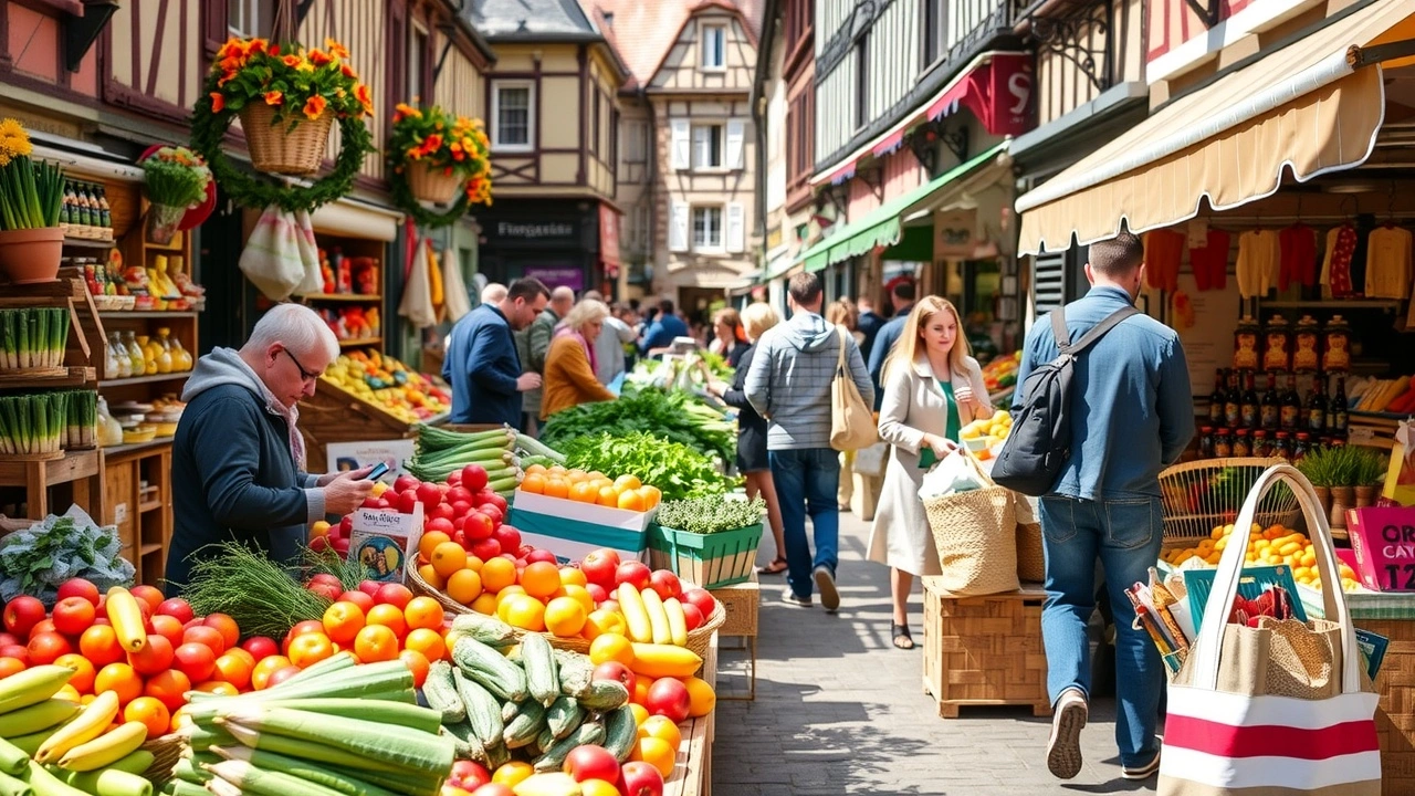 Une scène de marché à Strasbourg montrant des produits frais et des gens faisant leurs courses.