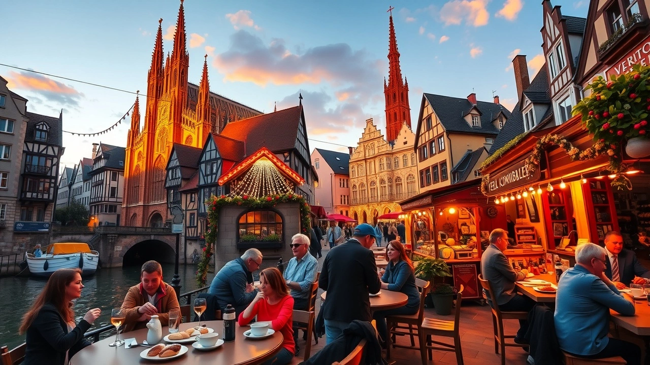 Une scène illustrant la culture et les attractions de Strasbourg à différentes heures de la journée.