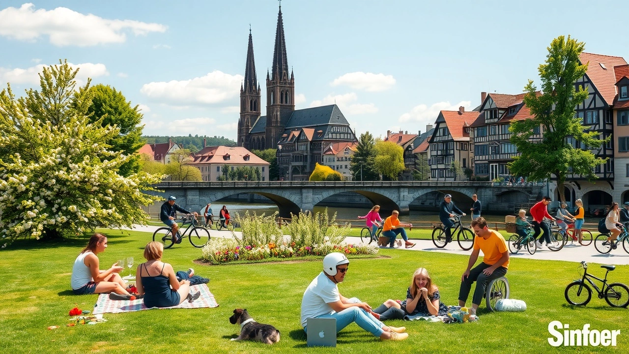 Scène photoréaliste illustrant des activités de plein air à Strasbourg tout au long de l'année.