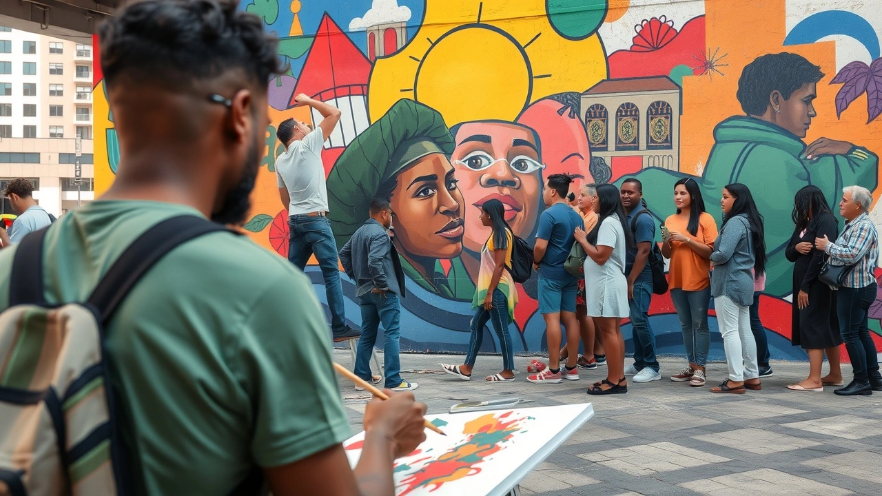 artiste peignant une fresque avec des membres de la communauté