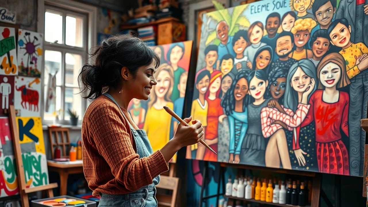 Une artiste strasbourgeoise dans son studio vibrant, utilisant la peinture pour promouvoir l'inclusion sociale.