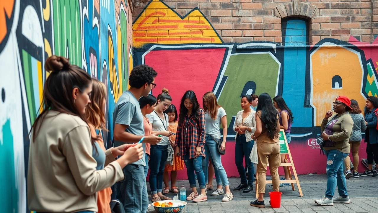 groupe d'artistes peignant une fresque dans la communauté
