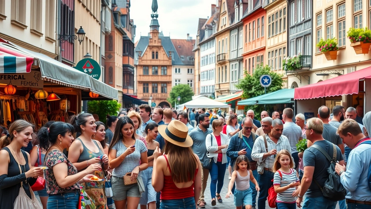 Une scène animée d'un festival culturel à Strasbourg avec des gens profitant des activités.