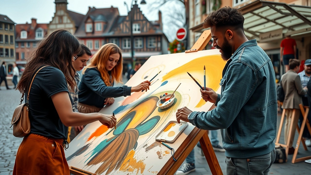 groupe de personnes diverses peignant ensemble en plein air