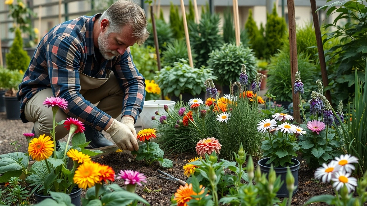 jardinier strasbourgeois plantant des fleurs diverses