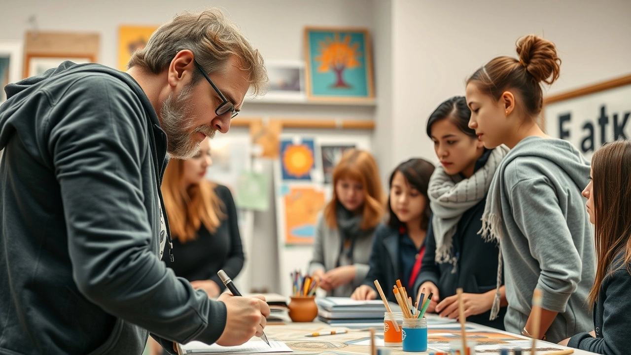 educateur interagissant avec des etudiants lors d'un atelier