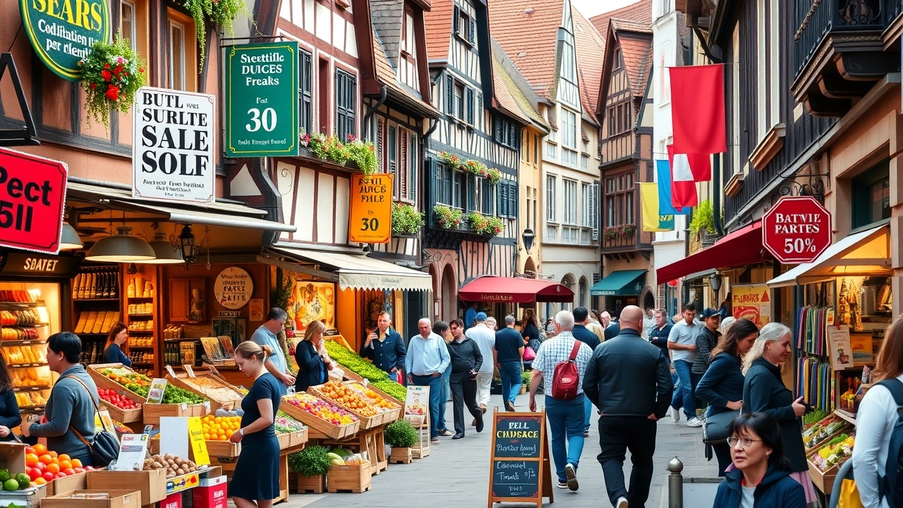 Scène d'un marché animé à Strasbourg avec des offres et des réductions