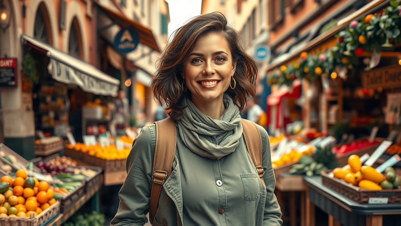 Portrait d'une entrepreneuse strasbourgeoise entourée de produits écoresponsables dans un marché local.