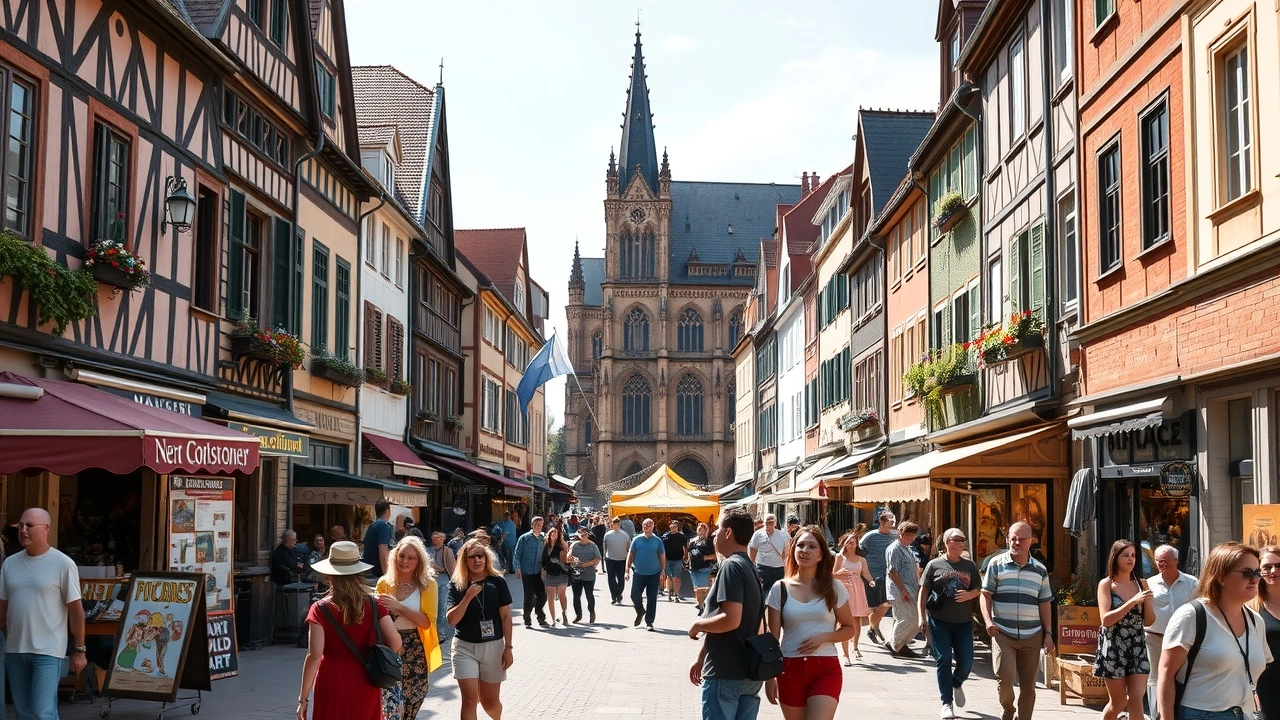 Une scène animée de Strasbourg avec des activités culturelles accessibles et des gens profitant de la ville.