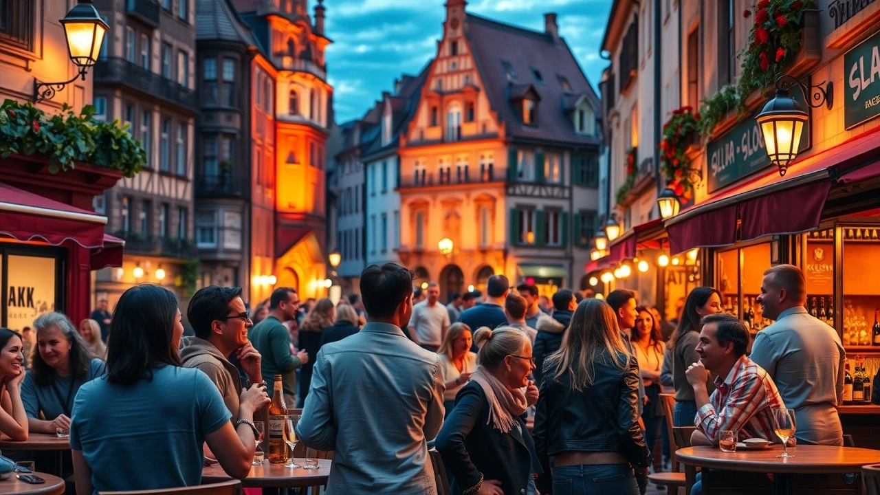 Une scène de soirée animée à Strasbourg avec des amis dans un café.