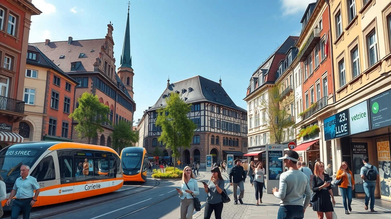Strasbourg en 2025, ville numérique avec technologies intégrées dans la vie quotidienne.