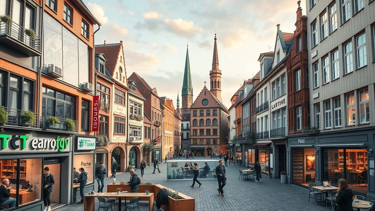 Une illustration de l'écosystème d'innovation à Strasbourg, montrant des entreprises locales dynamiques et une ambiance de collaboration.