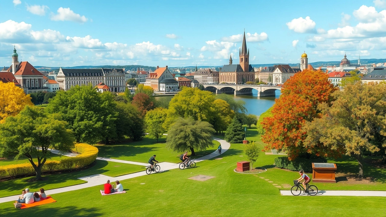 Un paysage photoréaliste de Strasbourg avec des parcs, des activités de plein air et des changements de saison.