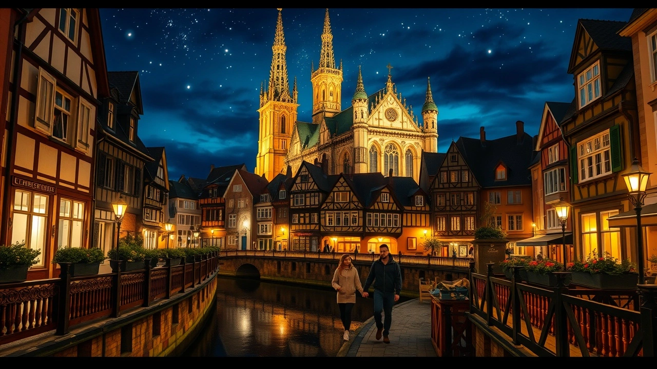 Une scène romantique de Strasbourg la nuit, avec des lumières douces et des couples se promenant.