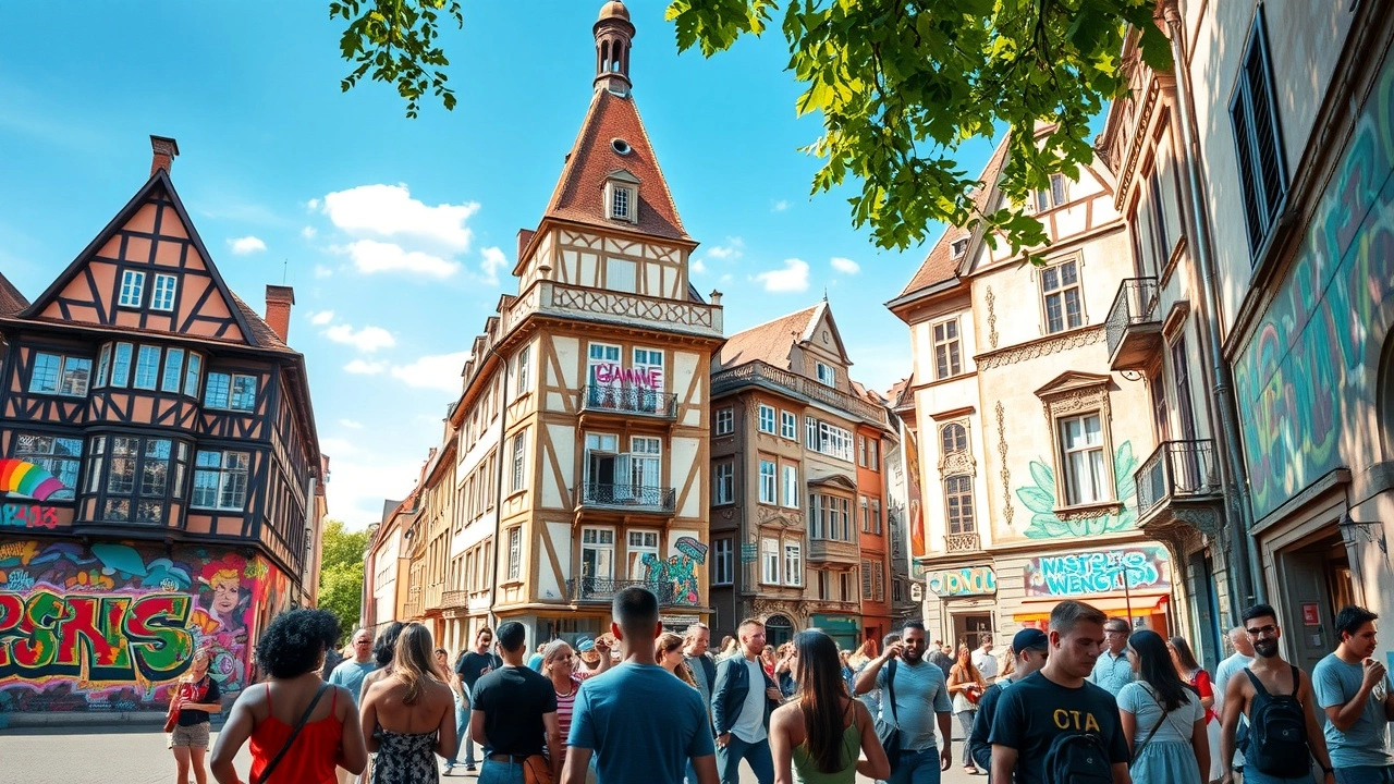 Scène photoréaliste du street art à Strasbourg en plein air.