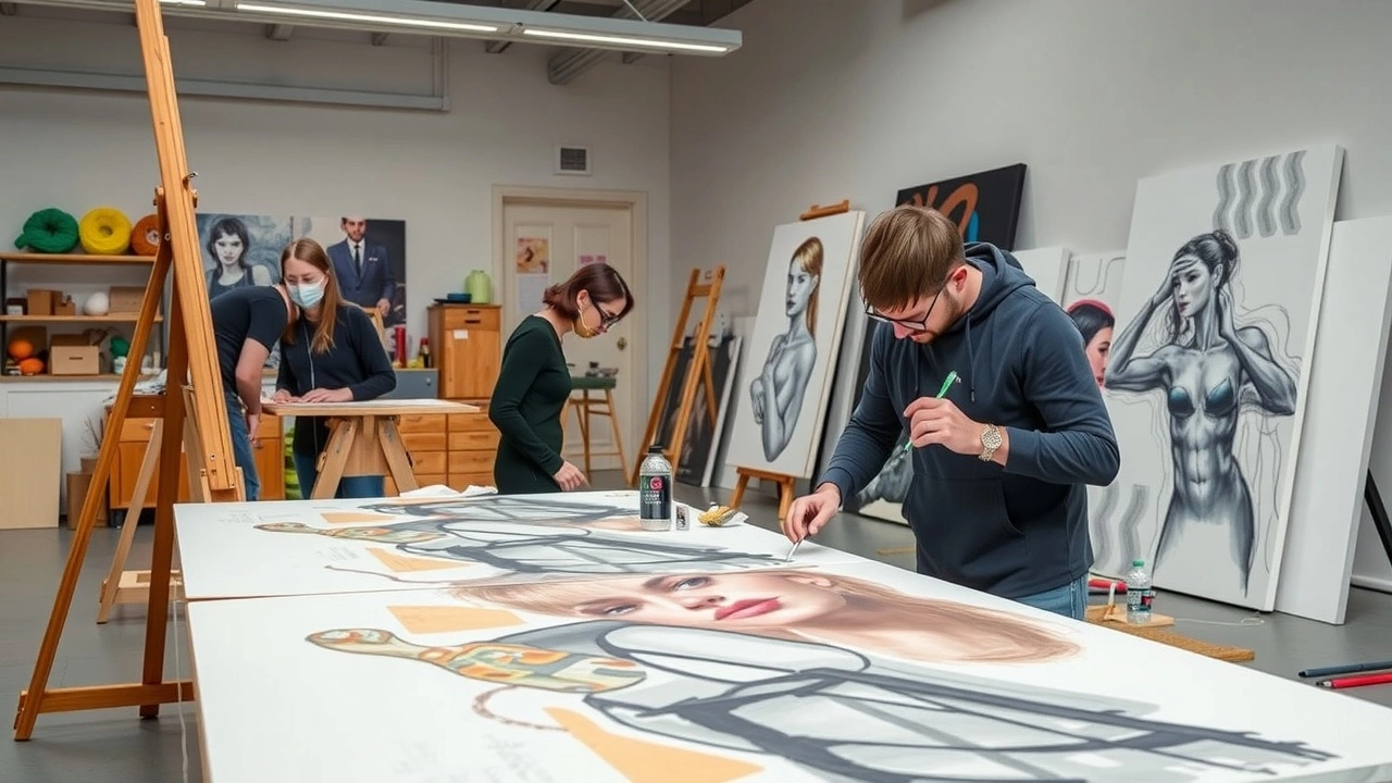 artistes locaux travaillant sur des œuvres d'art contemporain