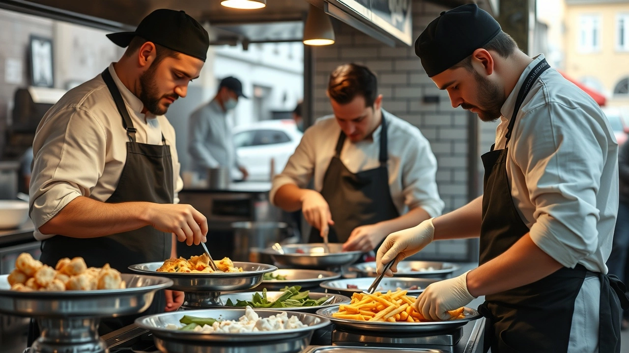 chefs de rue travaillant sur des plats de street food