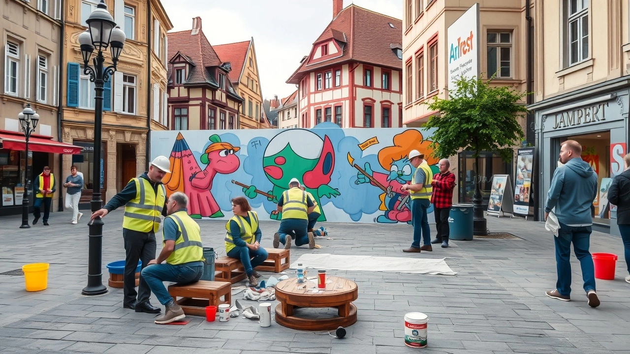 espace public a strasbourg avec des volontaires peignant