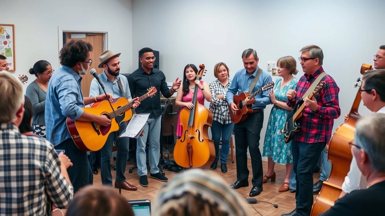 groupe de musiciens diverse jouant ensemble dans un espace communautaire