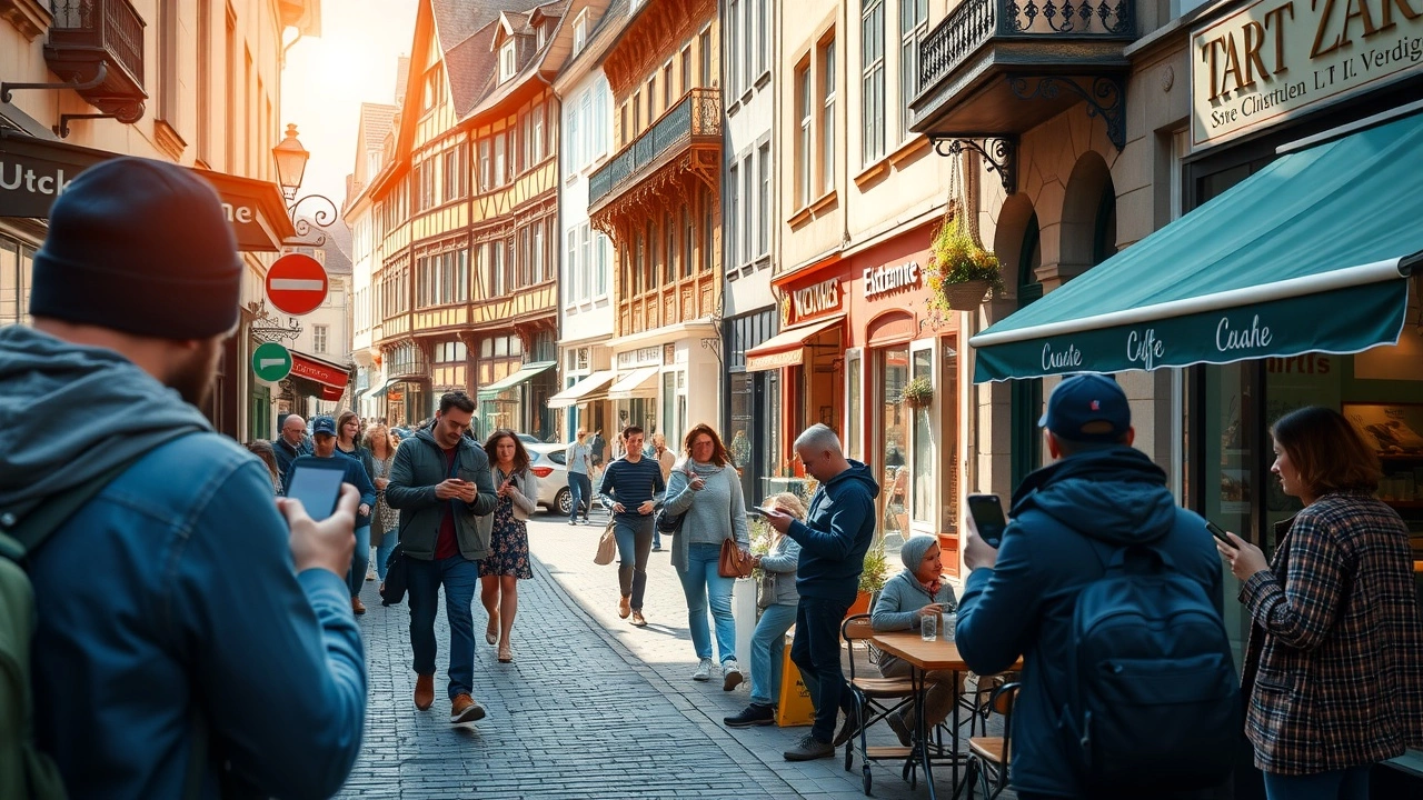 Vue animée d'une rue à Strasbourg montrant des personnes utilisant des applications pour leurs activités quotidiennes.