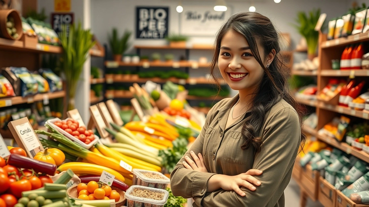 jeune entrepreneuse dans son magasin d'alimentation bio