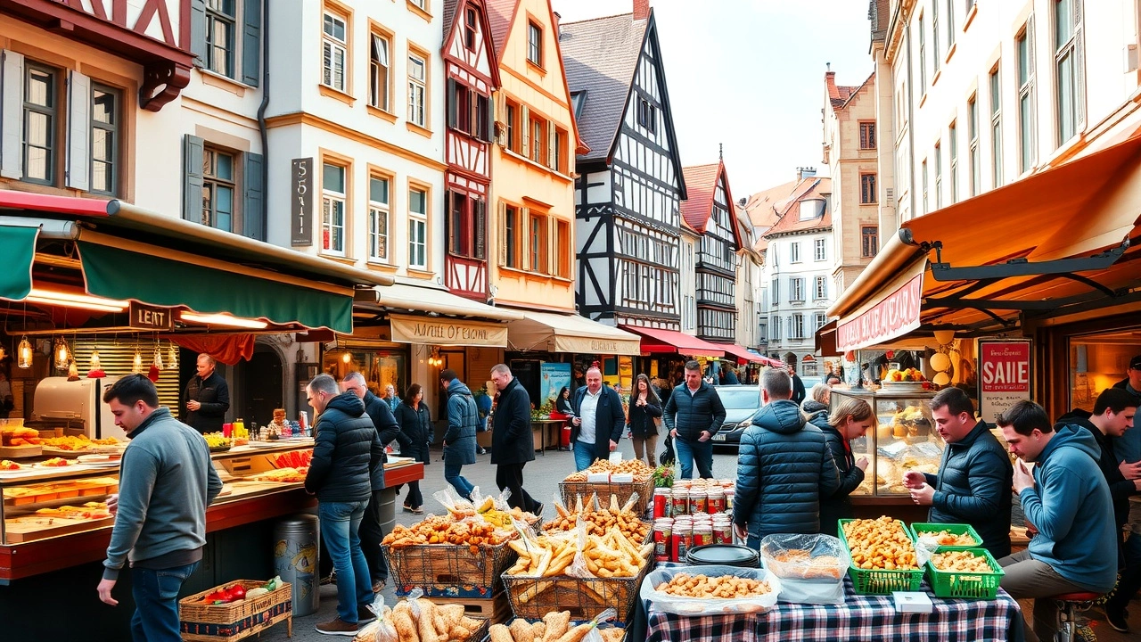 marché de la place du Marché à Strasbourg avec des stands de nourriture