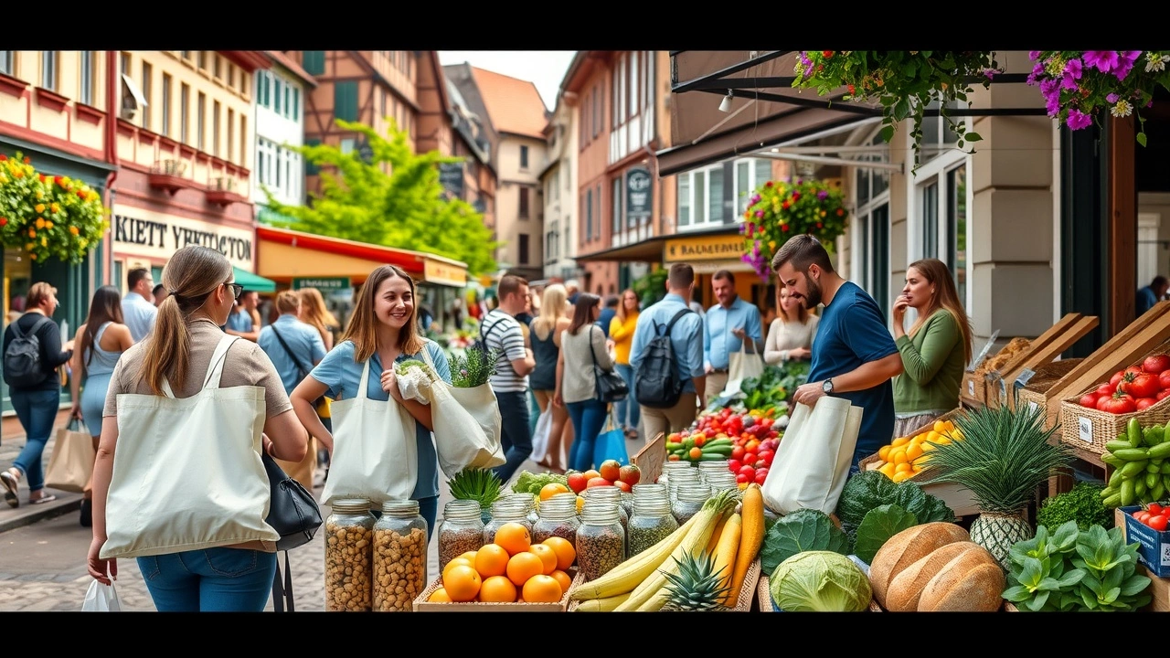 Une scène de marché extérieur à Strasbourg mettant en avant des solutions écologiques pour les courses.