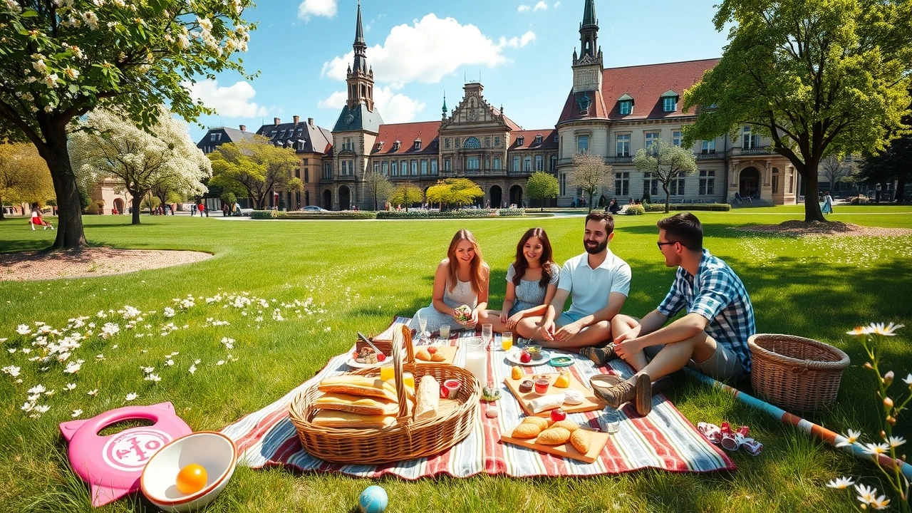 Un pique-nique heureux en famille à Strasbourg avec des amis et des paysages ensoleillés.