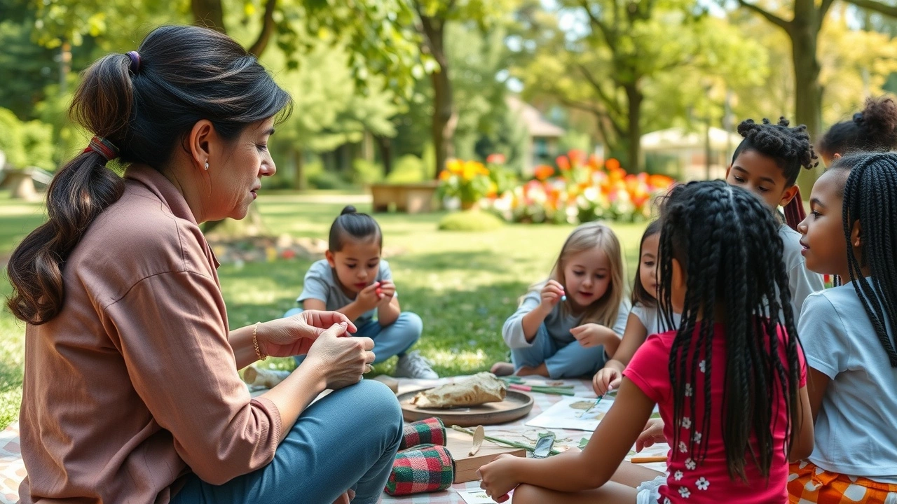 Portrait d'une éducatrice strasbourgeoise entourée d'enfants lors d'un atelier artistique.