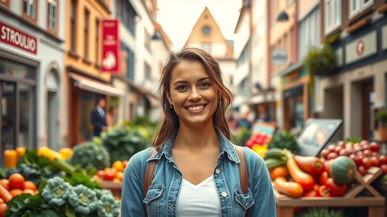 Portrait d'une jeune entrepreneuse strasbourgeoise dans son domaine alimentaire bio, montrant passion et créativité.