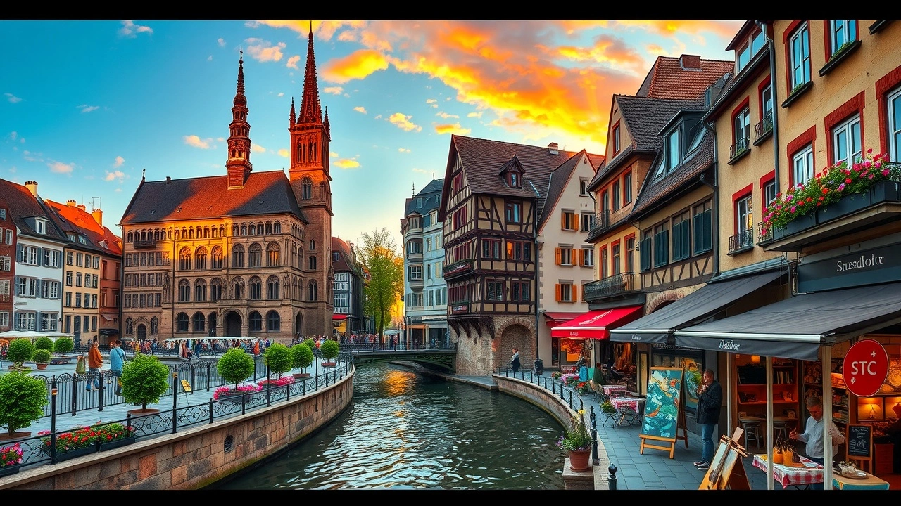 Une vue photoréaliste de Strasbourg montrant son architecture emblématique et sa culture vivante à différentes heures de la journée.