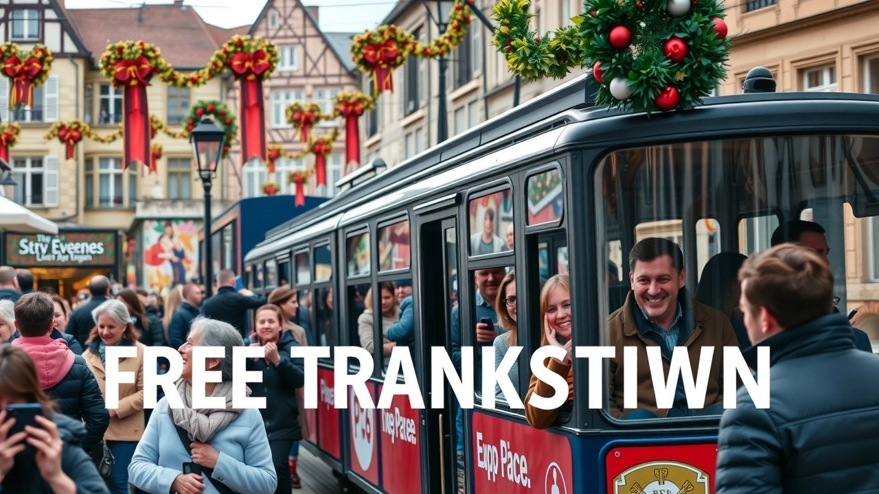 Scène animée à Strasbourg pendant un événement saisonnier avec transports gratuits.