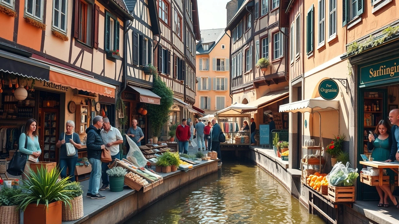 Scène de shopping local et responsable à Strasbourg avec artisans et produits durables.