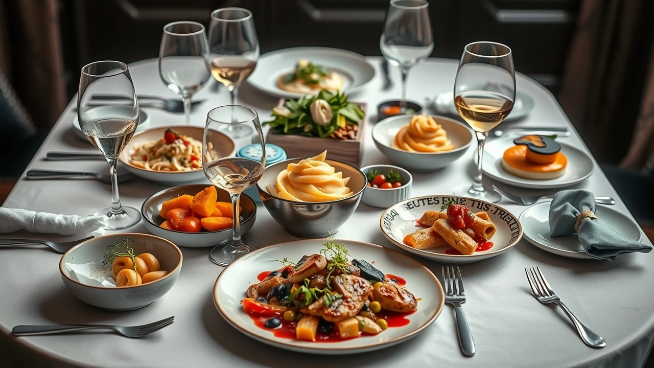 table dressée avec plats gastronomiques et verres de vin