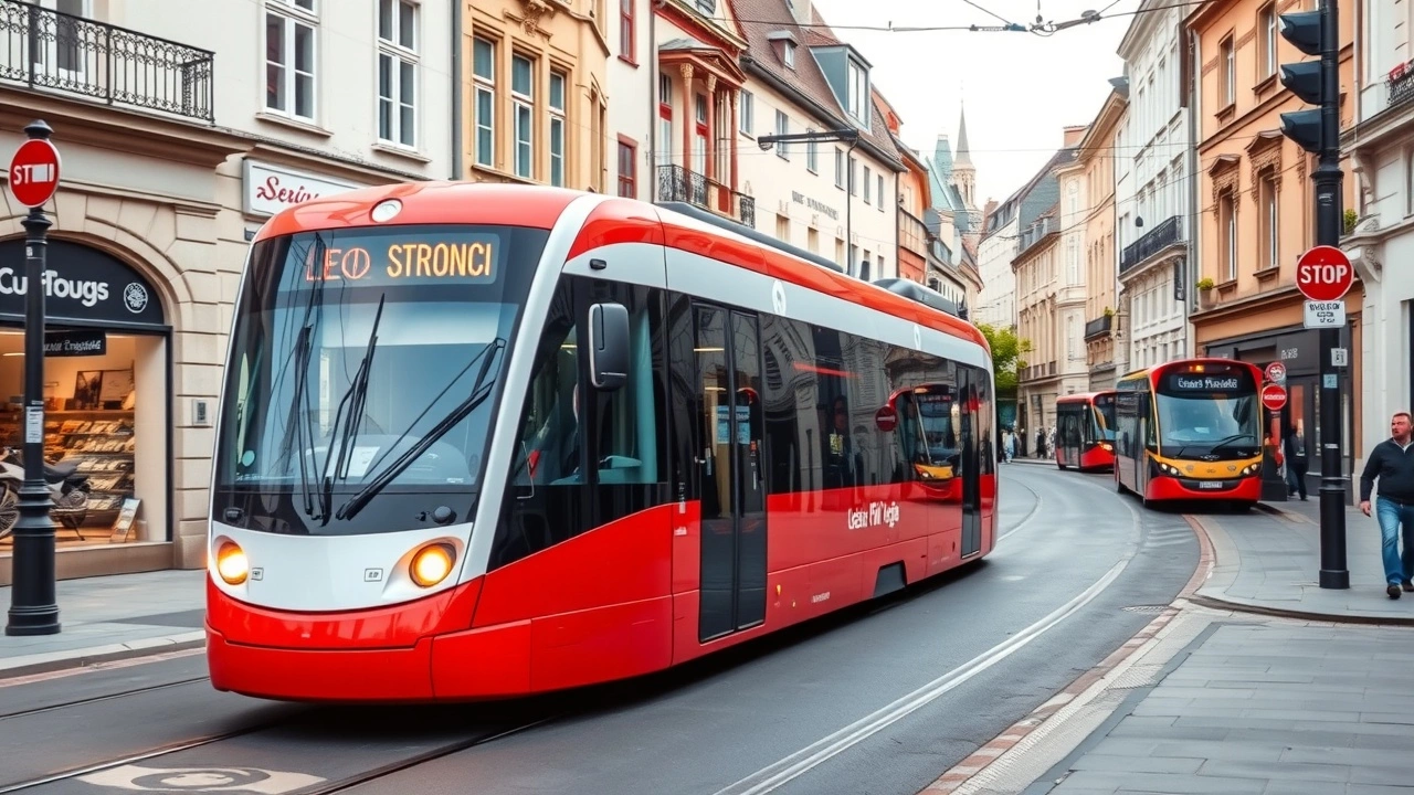 un tramway electrique dans une rue de Strasbourg