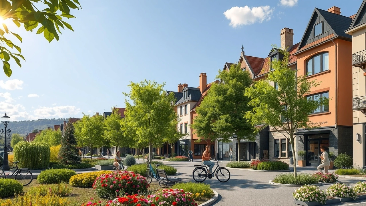 Une illustration de l'embellissement urbain à Strasbourg en 2025, avec des espaces verts et des habitants profitant de la nature.