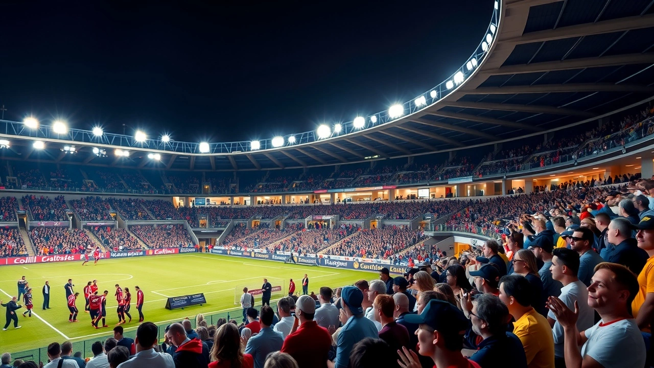 spectateurs dans un stade lors d'un match de nuit