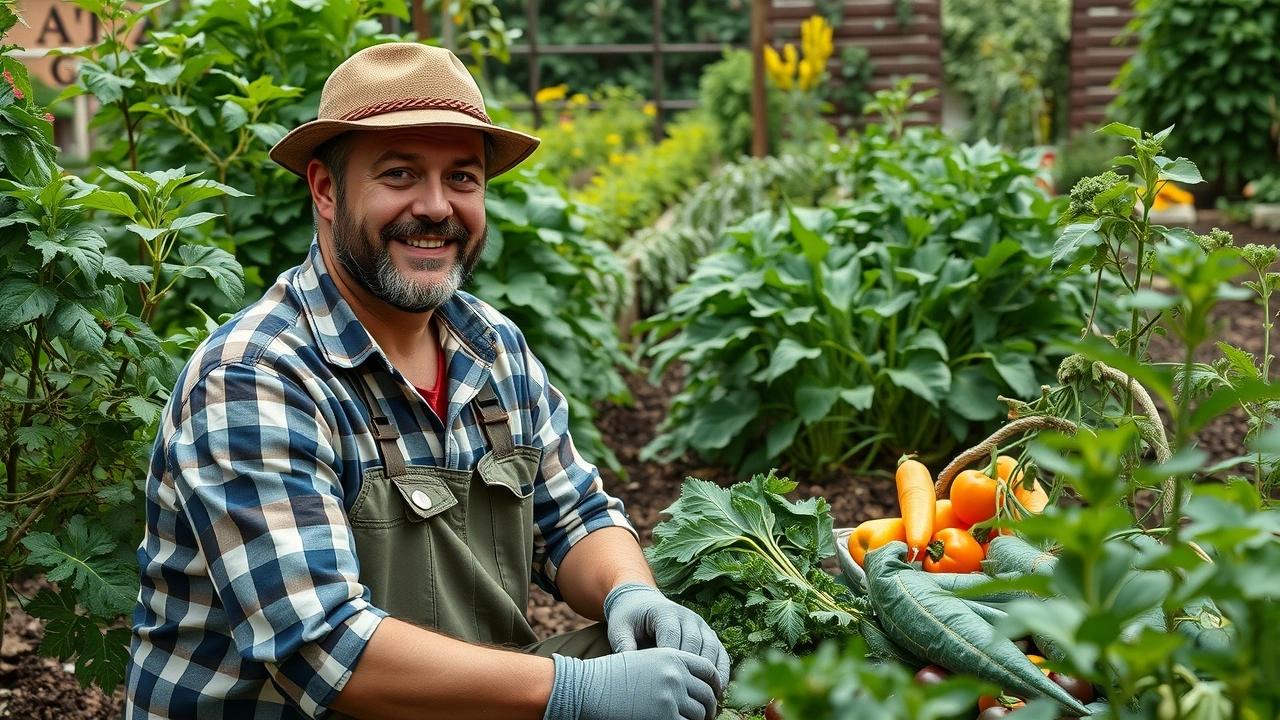 portrait d'un maraîcher urbain en jardin communautaire