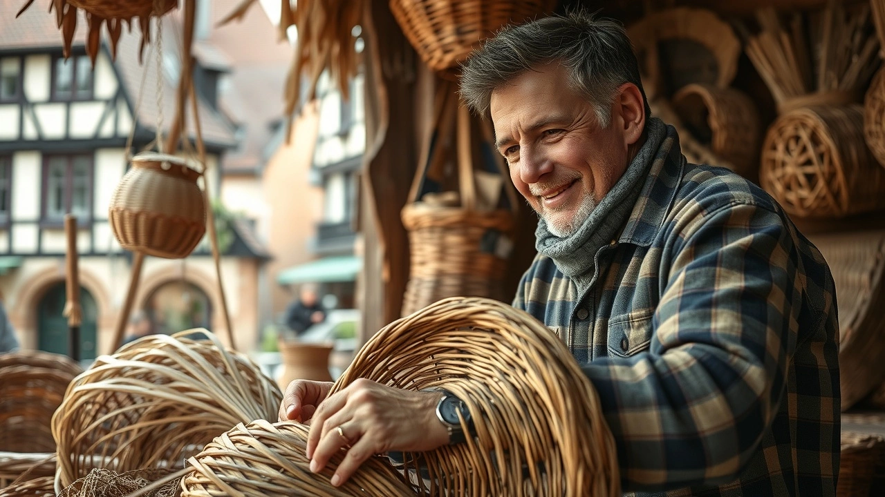 Portrait d'un artisan strasbourgeois en train de vanner avec des matériaux naturels.