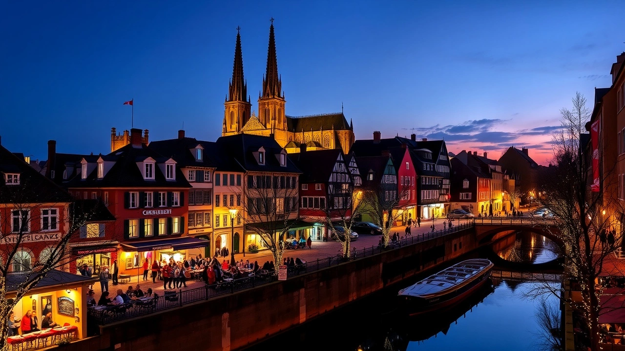 Vue nocturne de Strasbourg avec ses monuments illuminés et une ambiance vivante.