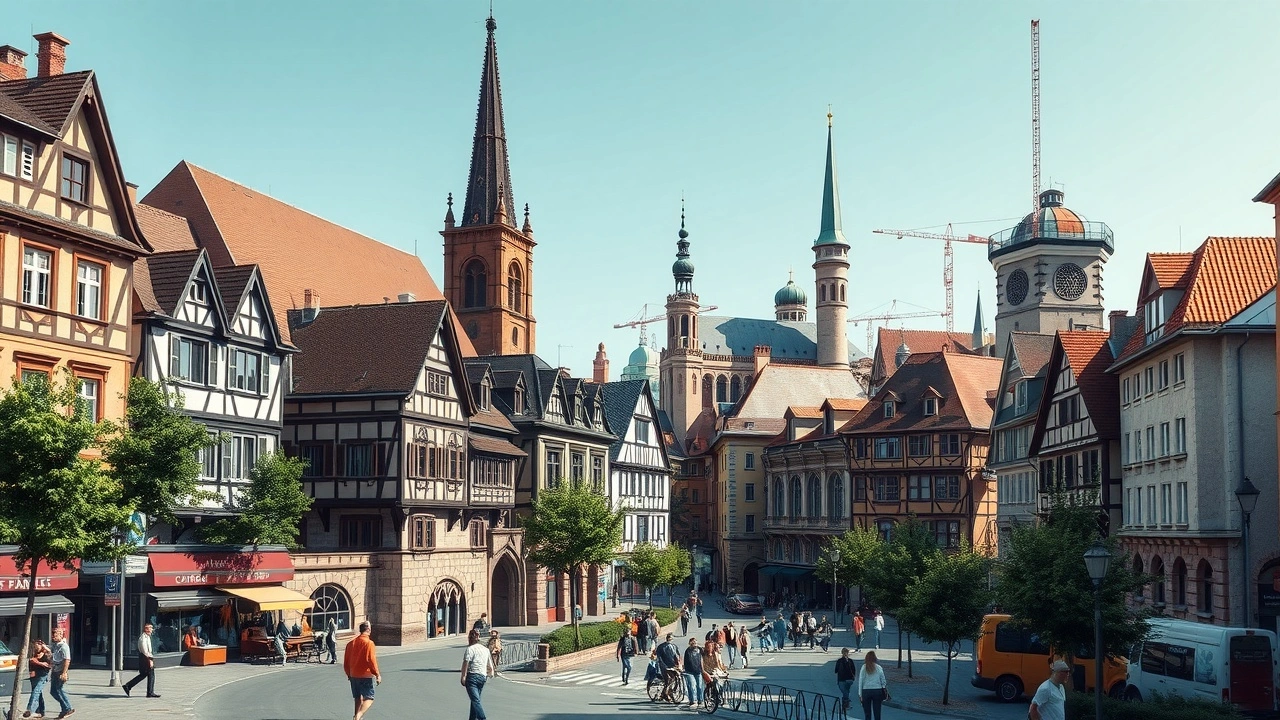 Une illustration photoréaliste de Strasbourg montrant le contraste entre le patrimoine architectural et de nouveaux aménagements urbains.