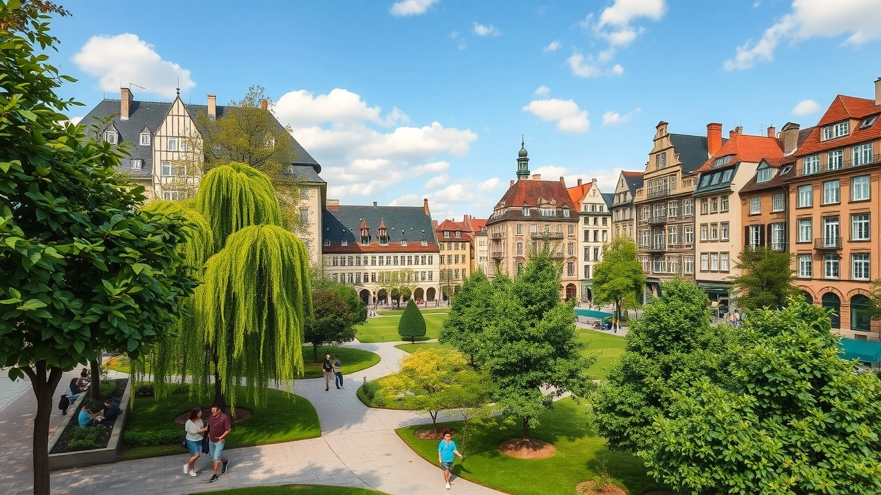 espaces verts dans le centre de Strasbourg avec des gens